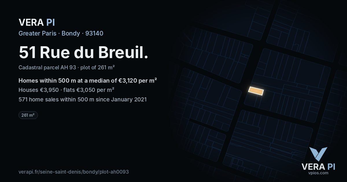 51 Rue du Breuil, Bondy at night – the plot lit, the parcels around coloured by the prices near them