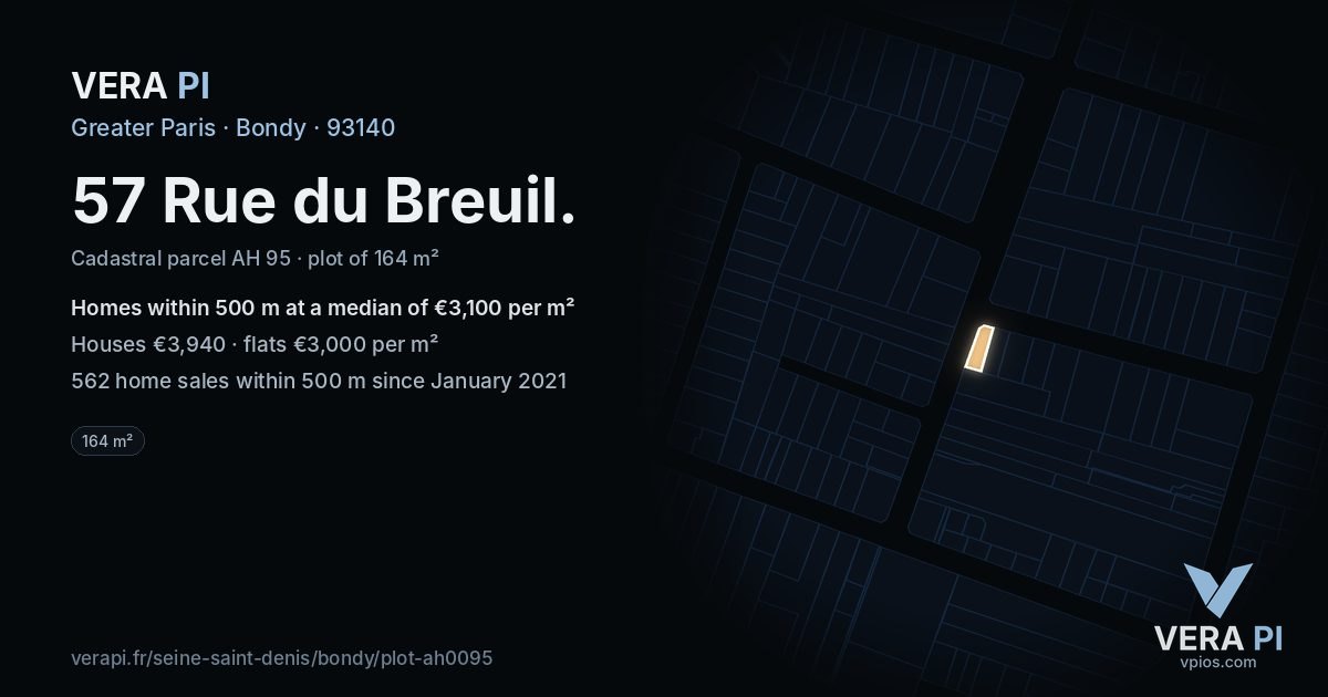 57 Rue du Breuil, Bondy at night – the plot lit, the parcels around coloured by the prices near them