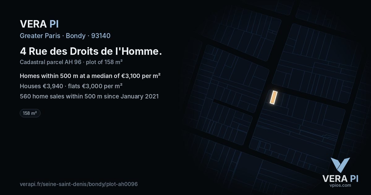4 Rue des Droits de l'Homme, Bondy at night – the plot lit, the parcels around coloured by the prices near them