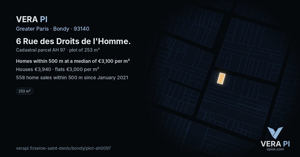 6 Rue des Droits de l'Homme, Bondy at night – the plot lit, the parcels around coloured by the prices near them