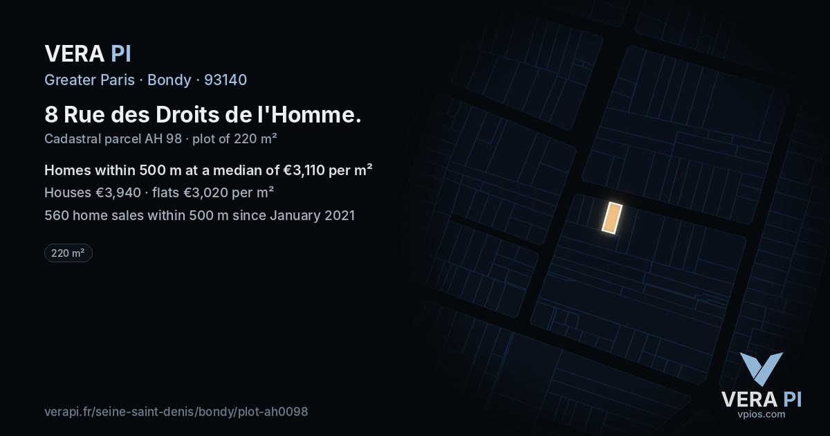 8 Rue des Droits de l'Homme, Bondy at night – the plot lit, the parcels around coloured by the prices near them