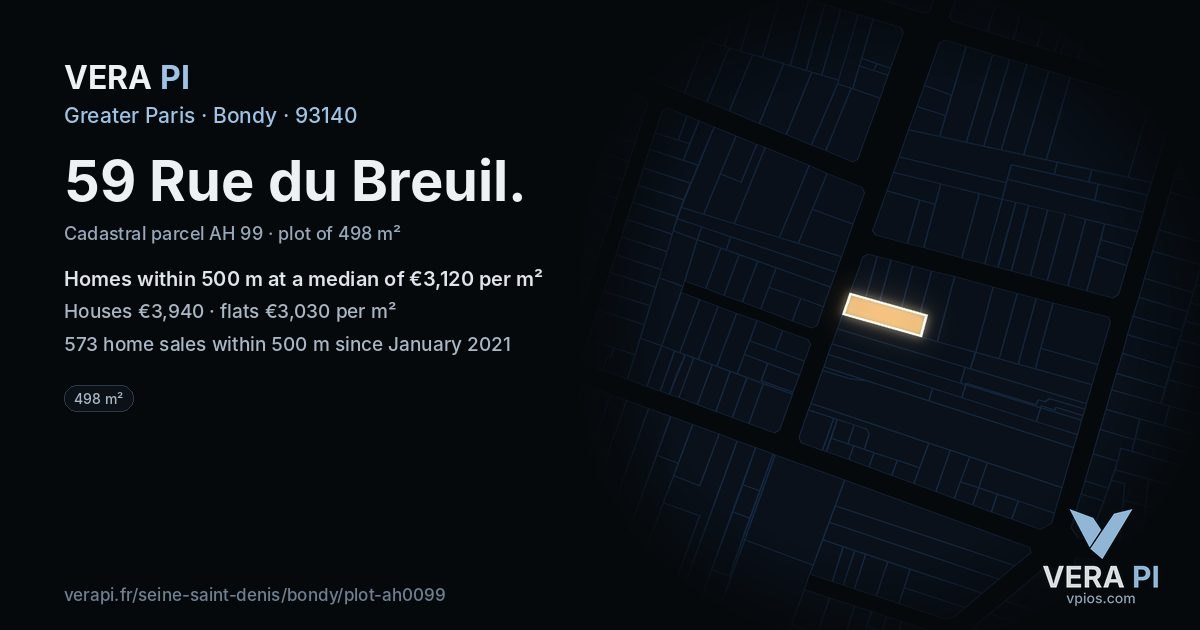 59 Rue du Breuil, Bondy at night – the plot lit, the parcels around coloured by the prices near them