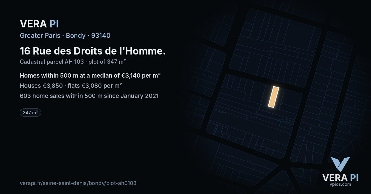 16 Rue des Droits de l'Homme, Bondy at night – the plot lit, the parcels around coloured by the prices near them