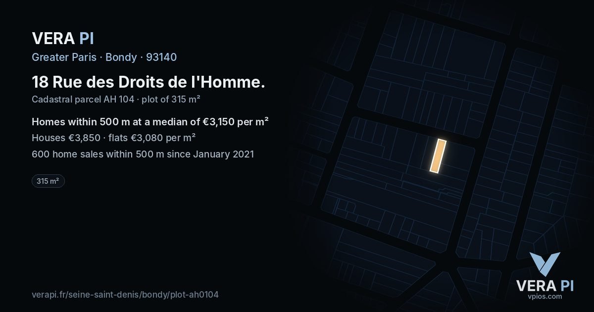 18 Rue des Droits de l'Homme, Bondy at night – the plot lit, the parcels around coloured by the prices near them