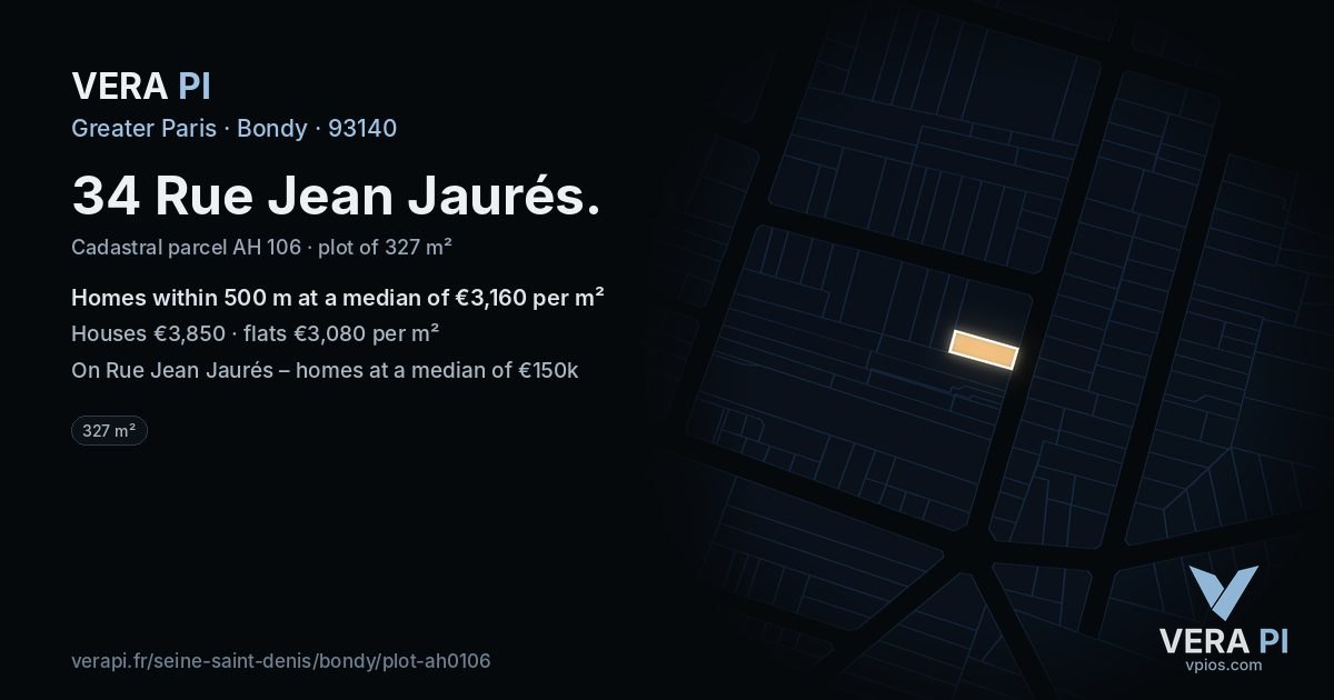 34 Rue Jean Jaurés, Bondy at night – the plot lit, the parcels around coloured by the prices near them