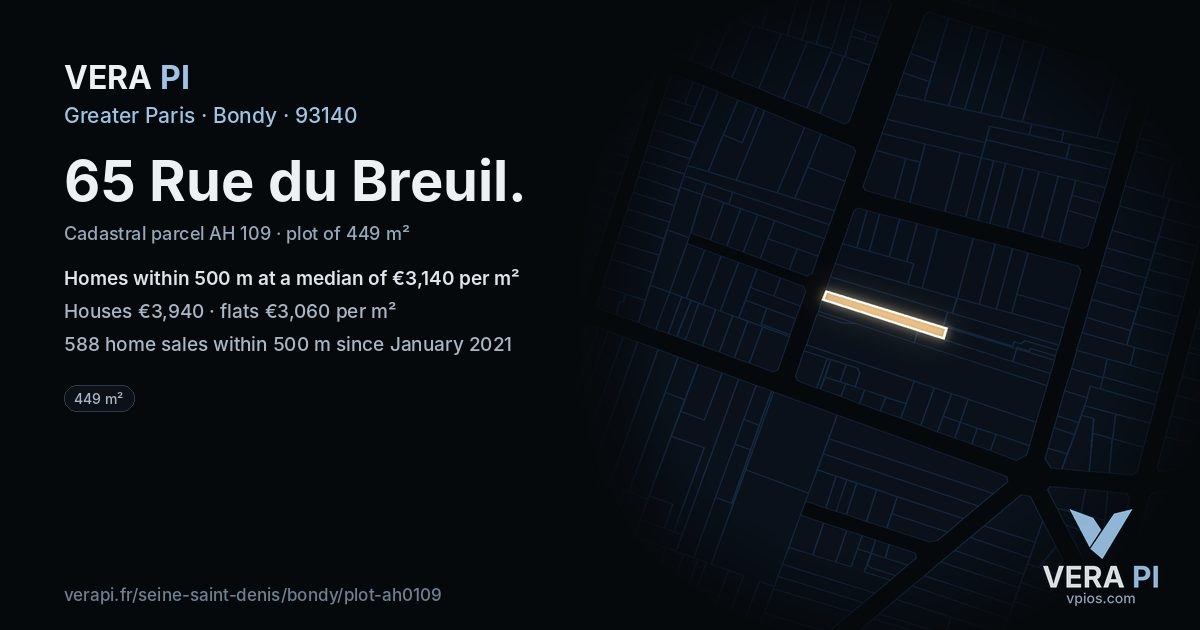 65 Rue du Breuil, Bondy at night – the plot lit, the parcels around coloured by the prices near them