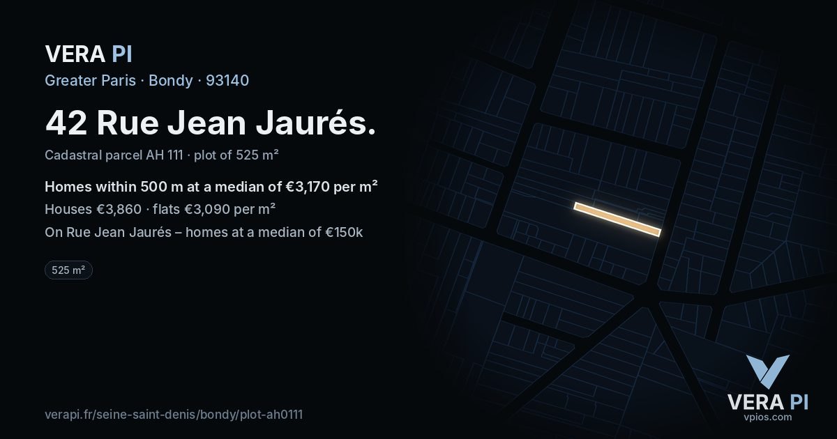 42 Rue Jean Jaurés, Bondy at night – the plot lit, the parcels around coloured by the prices near them