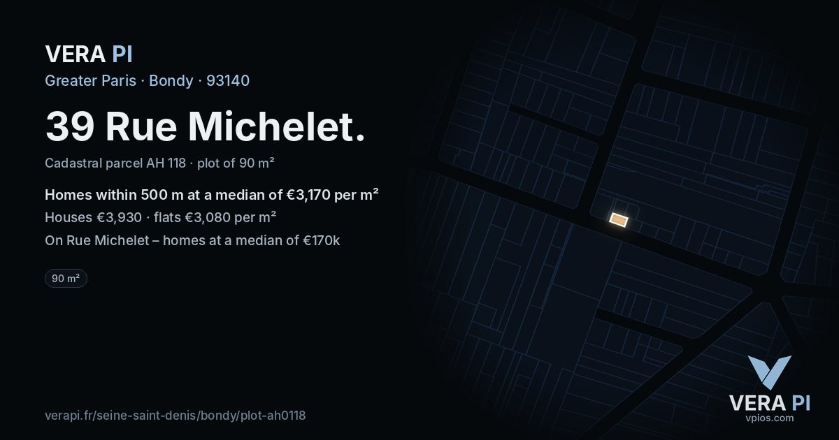 39 Rue Michelet, Bondy at night – the plot lit, the parcels around coloured by the prices near them