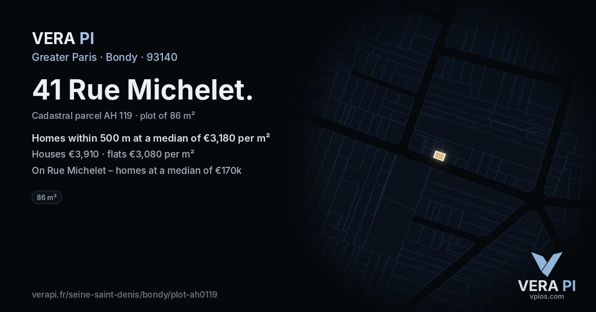 41 Rue Michelet, Bondy at night – the plot lit, the parcels around coloured by the prices near them