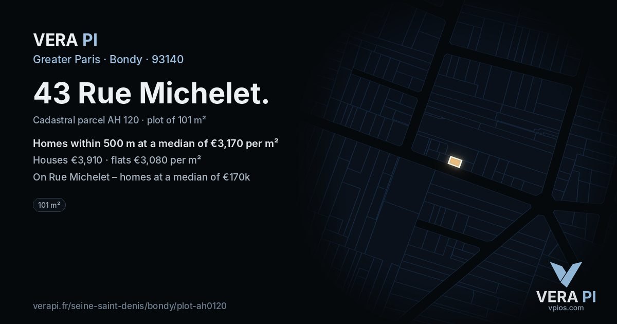 43 Rue Michelet, Bondy at night – the plot lit, the parcels around coloured by the prices near them
