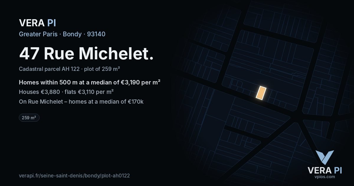 47 Rue Michelet, Bondy at night – the plot lit, the parcels around coloured by the prices near them