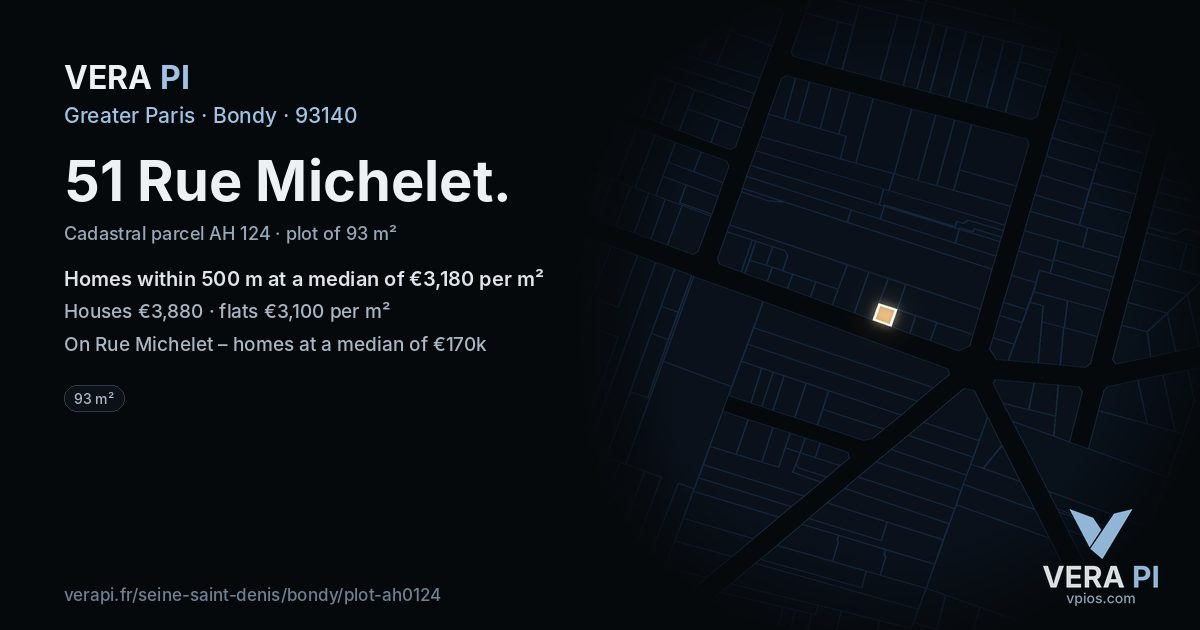 51 Rue Michelet, Bondy at night – the plot lit, the parcels around coloured by the prices near them