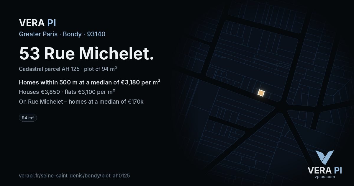 53 Rue Michelet, Bondy at night – the plot lit, the parcels around coloured by the prices near them