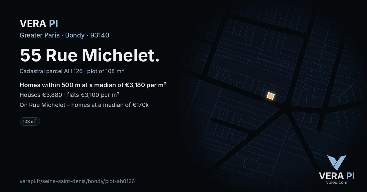 55 Rue Michelet, Bondy at night – the plot lit, the parcels around coloured by the prices near them