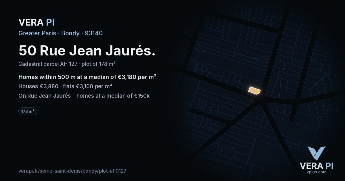 50 Rue Jean Jaurés, Bondy at night – the plot lit, the parcels around coloured by the prices near them