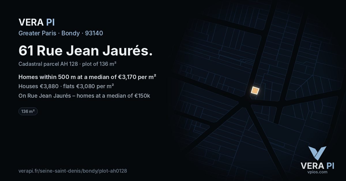 61 Rue Jean Jaurés, Bondy at night – the plot lit, the parcels around coloured by the prices near them