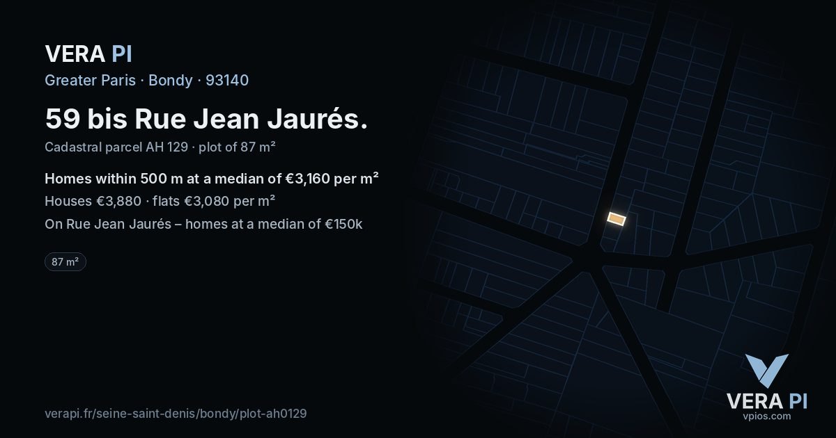 59 bis Rue Jean Jaurés, Bondy at night – the plot lit, the parcels around coloured by the prices near them