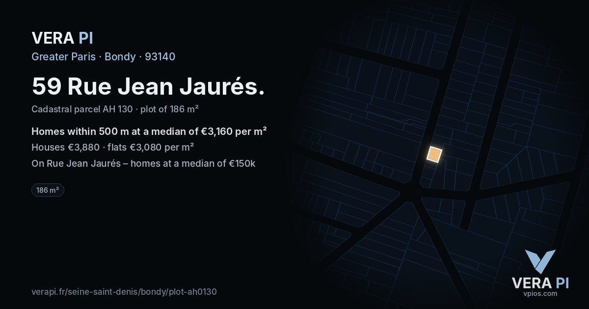 59 Rue Jean Jaurés, Bondy at night – the plot lit, the parcels around coloured by the prices near them