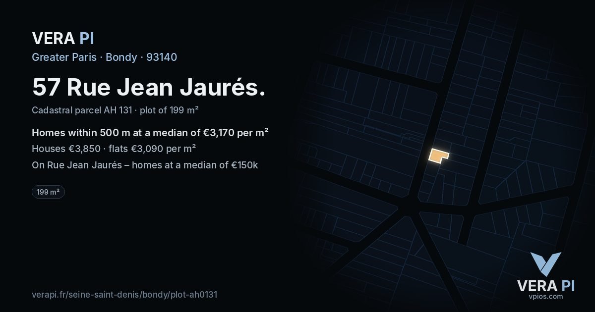 57 Rue Jean Jaurés, Bondy at night – the plot lit, the parcels around coloured by the prices near them