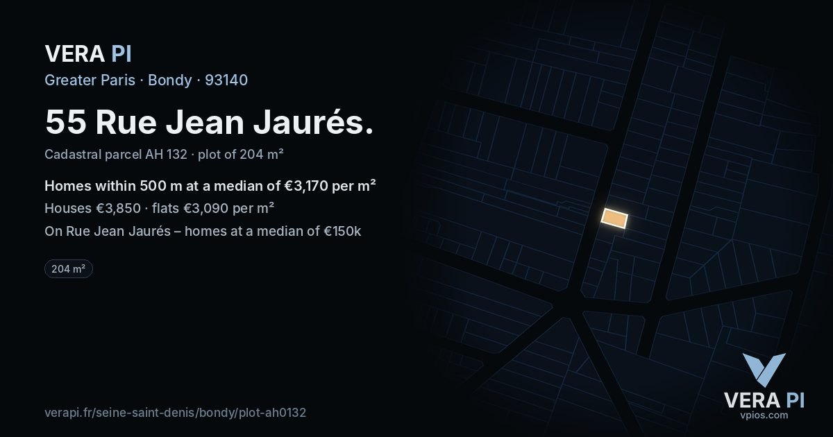 55 Rue Jean Jaurés, Bondy at night – the plot lit, the parcels around coloured by the prices near them