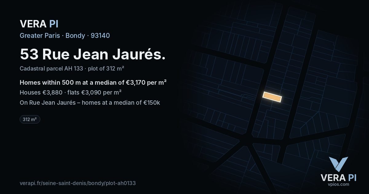 53 Rue Jean Jaurés, Bondy at night – the plot lit, the parcels around coloured by the prices near them
