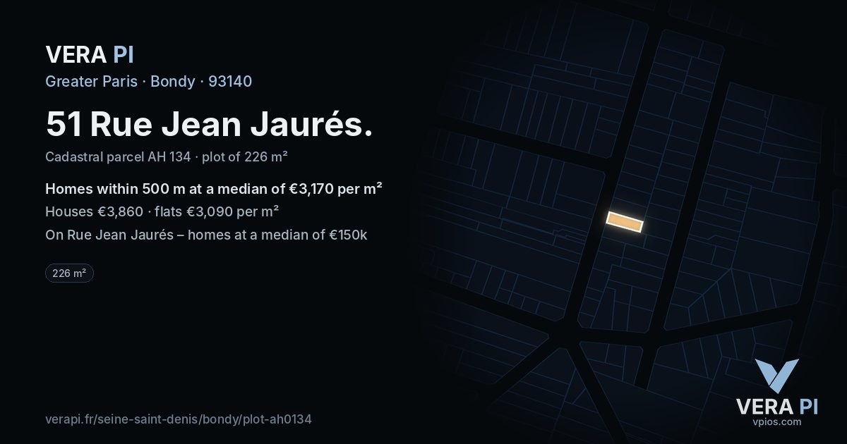 51 Rue Jean Jaurés, Bondy at night – the plot lit, the parcels around coloured by the prices near them