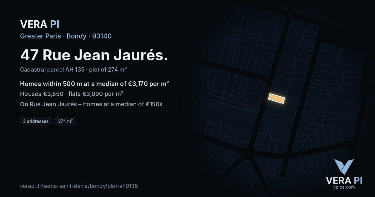47 Rue Jean Jaurés, Bondy at night – the plot lit, the parcels around coloured by the prices near them