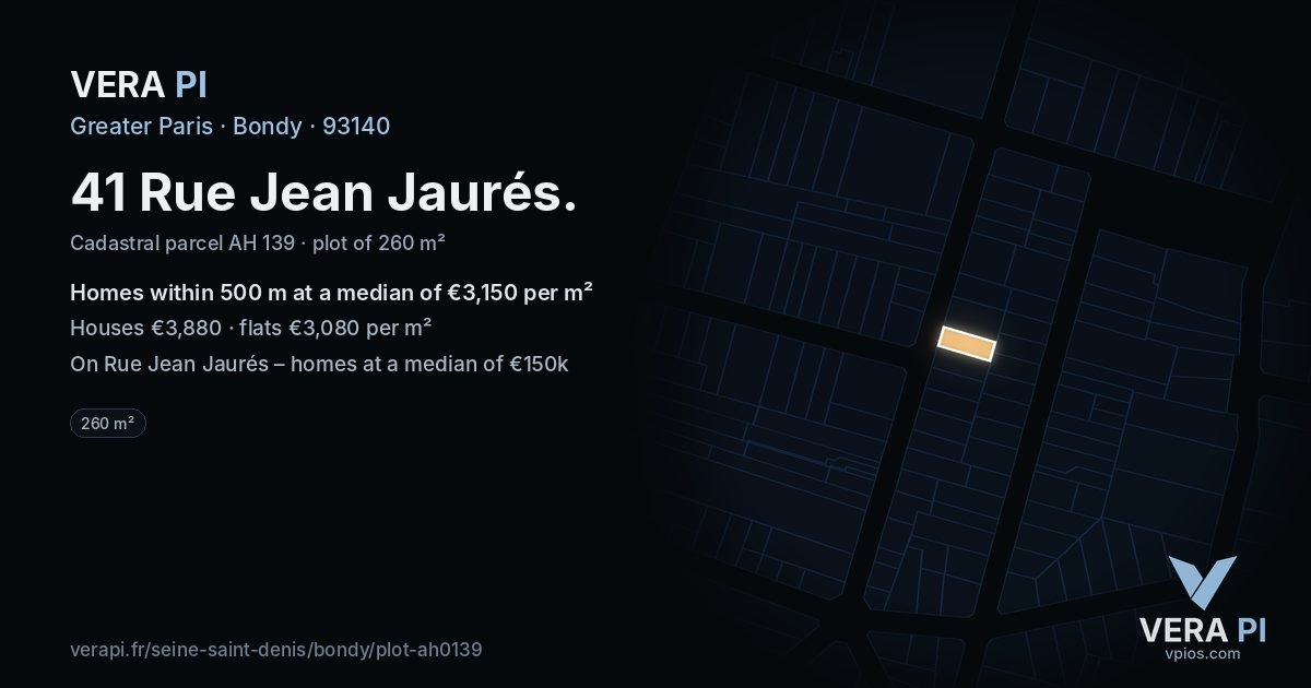 41 Rue Jean Jaurés, Bondy at night – the plot lit, the parcels around coloured by the prices near them