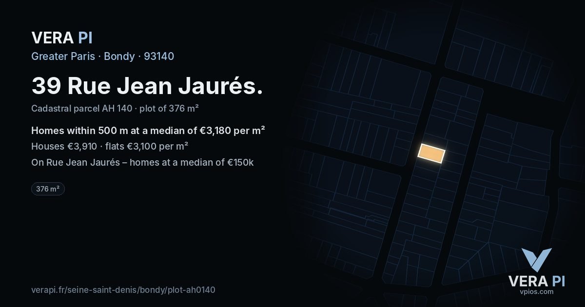 39 Rue Jean Jaurés, Bondy at night – the plot lit, the parcels around coloured by the prices near them