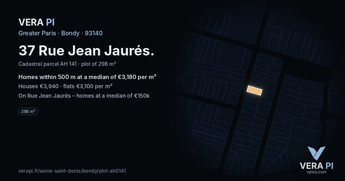 37 Rue Jean Jaurés, Bondy at night – the plot lit, the parcels around coloured by the prices near them