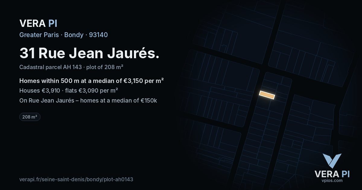 31 Rue Jean Jaurés, Bondy at night – the plot lit, the parcels around coloured by the prices near them