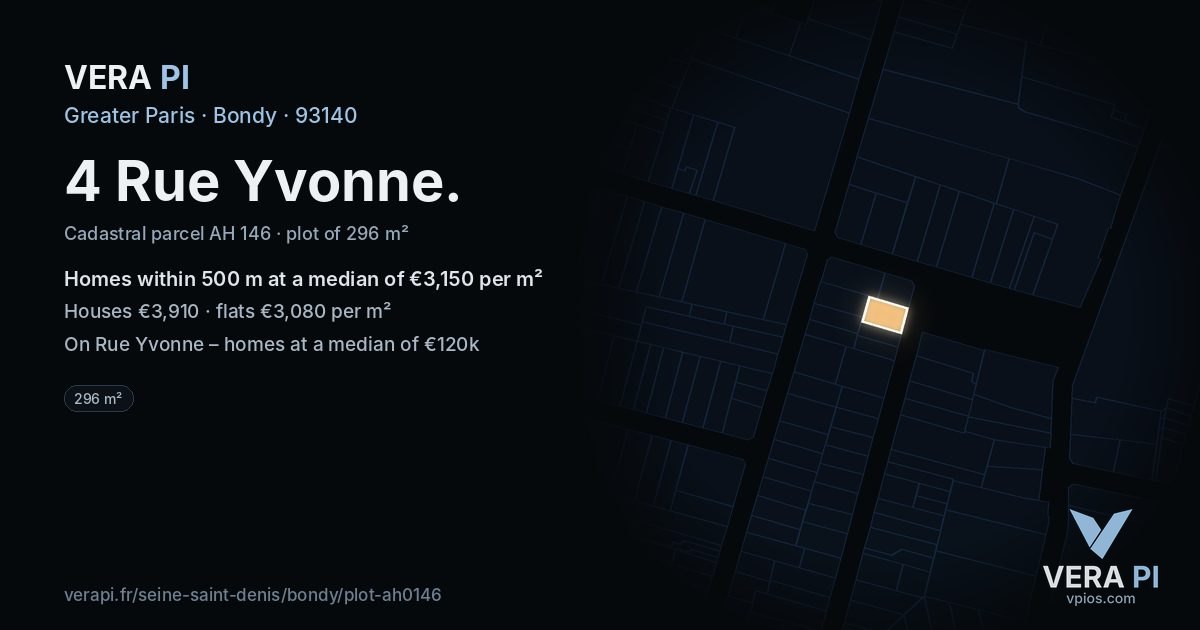 4 Rue Yvonne, Bondy at night – the plot lit, the parcels around coloured by the prices near them