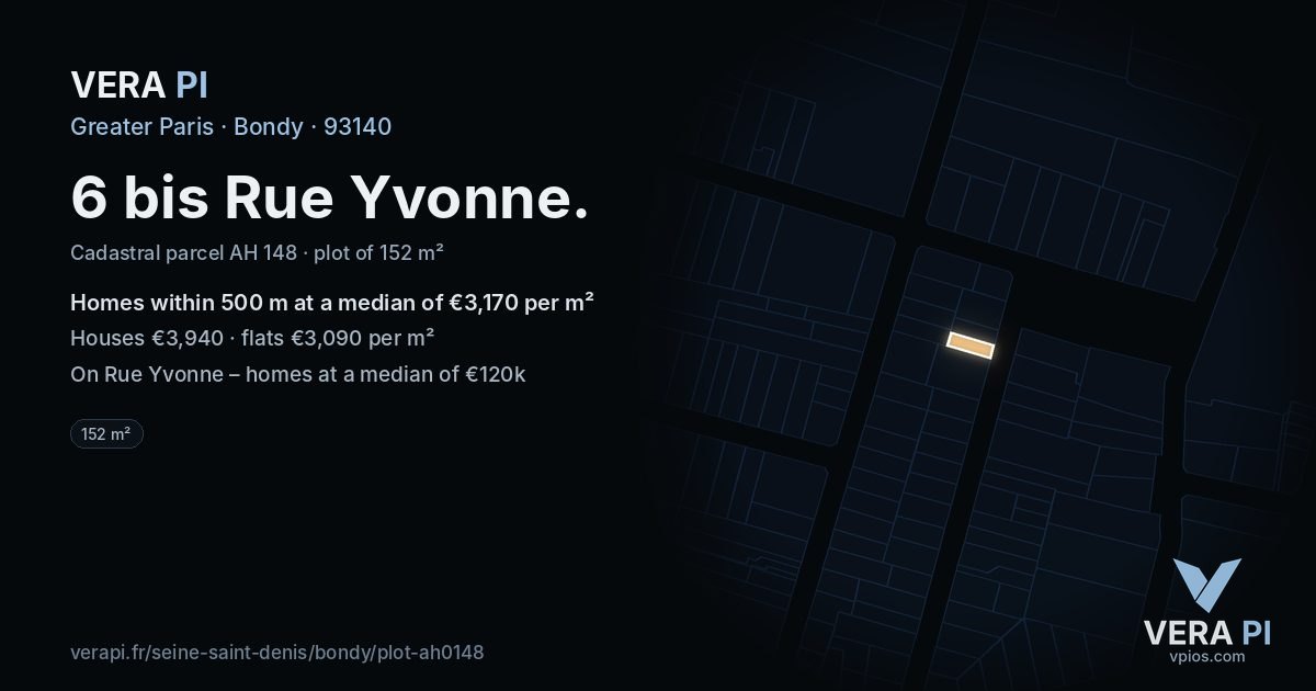 6 bis Rue Yvonne, Bondy at night – the plot lit, the parcels around coloured by the prices near them