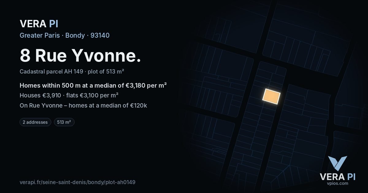 8 Rue Yvonne, Bondy at night – the plot lit, the parcels around coloured by the prices near them