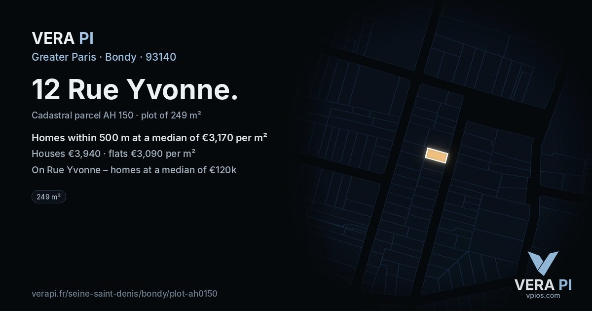 12 Rue Yvonne, Bondy at night – the plot lit, the parcels around coloured by the prices near them