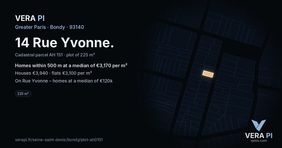 14 Rue Yvonne, Bondy at night – the plot lit, the parcels around coloured by the prices near them