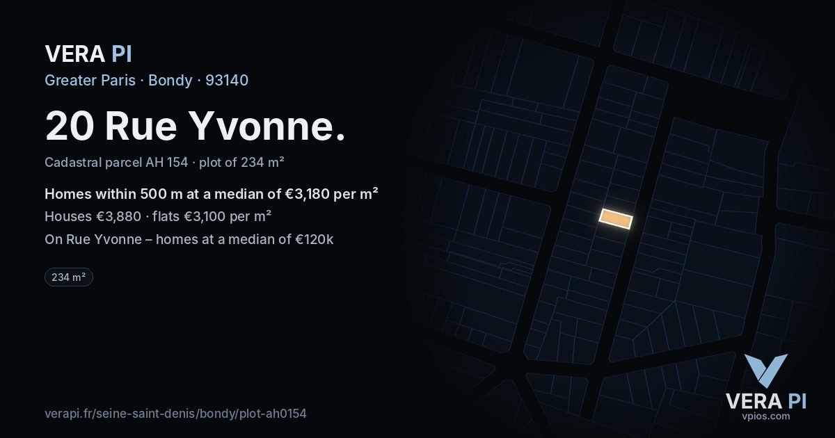 20 Rue Yvonne, Bondy at night – the plot lit, the parcels around coloured by the prices near them