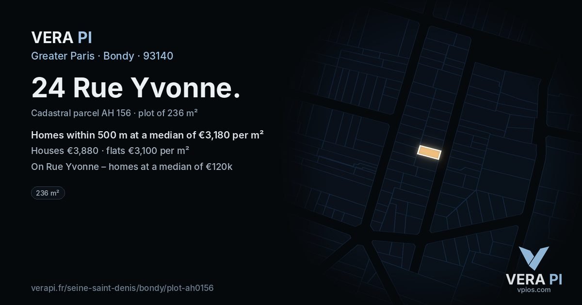 24 Rue Yvonne, Bondy at night – the plot lit, the parcels around coloured by the prices near them