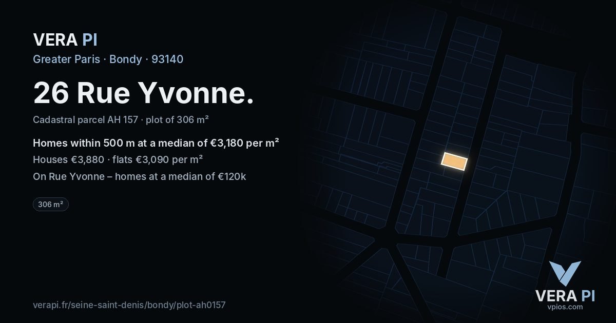 26 Rue Yvonne, Bondy at night – the plot lit, the parcels around coloured by the prices near them