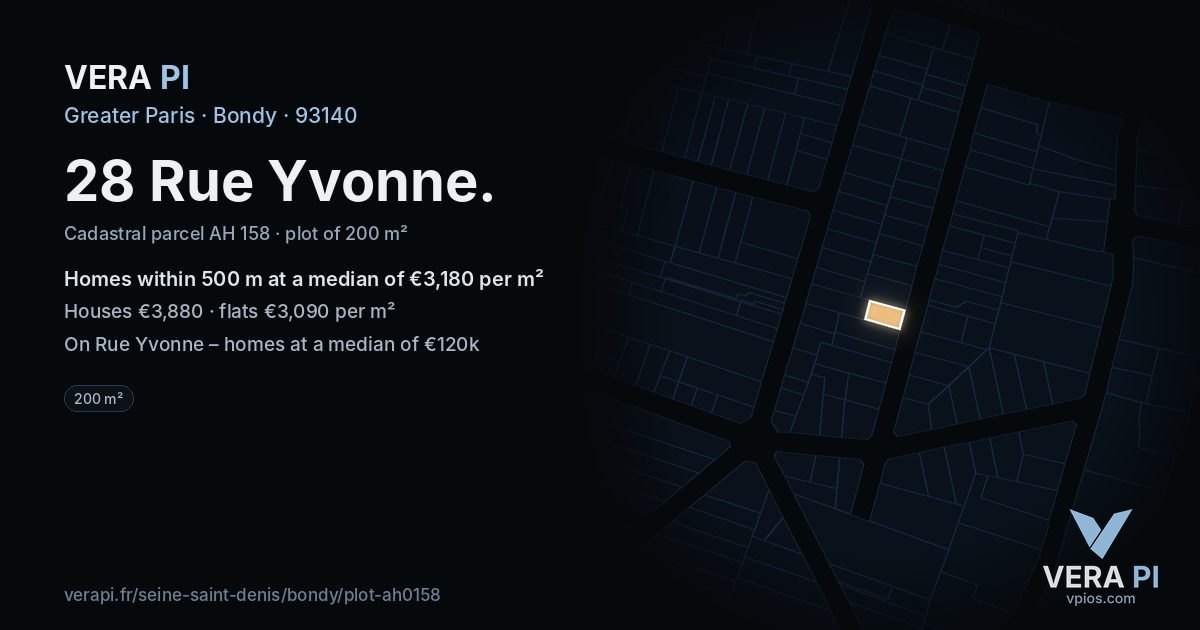 28 Rue Yvonne, Bondy at night – the plot lit, the parcels around coloured by the prices near them
