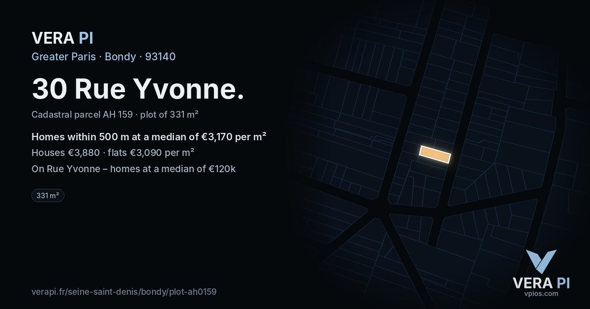 30 Rue Yvonne, Bondy at night – the plot lit, the parcels around coloured by the prices near them