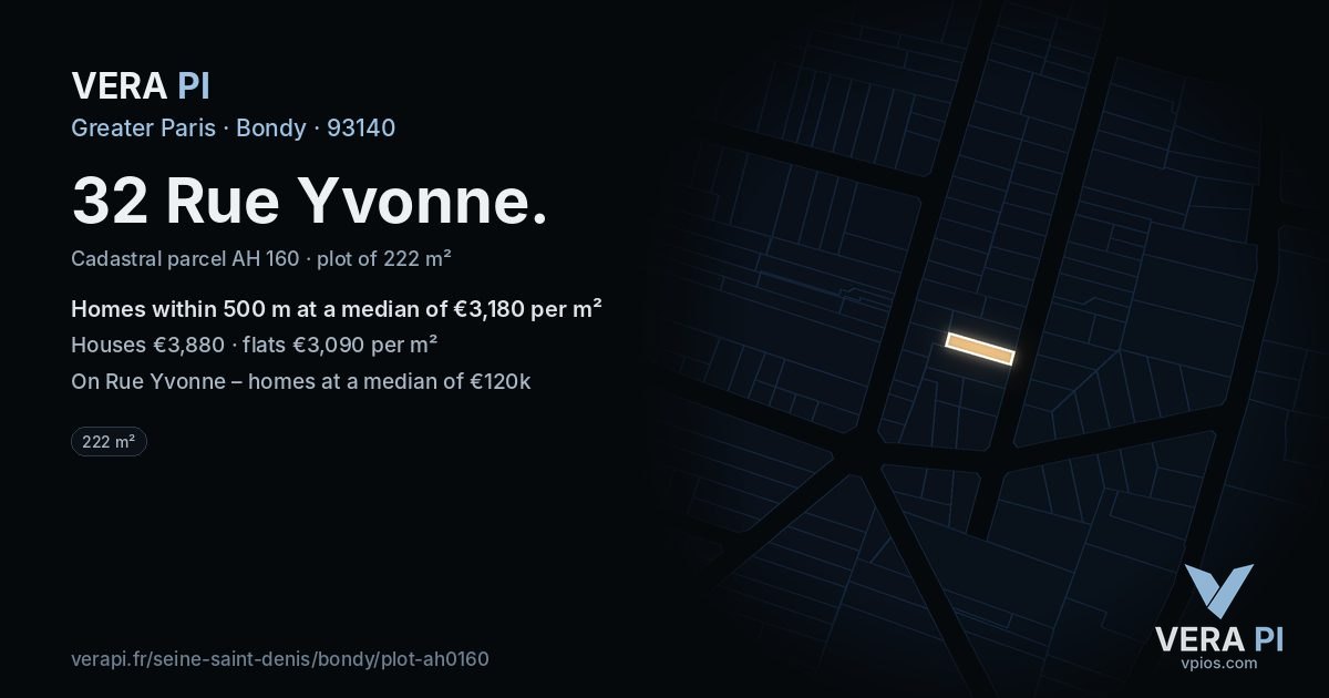 32 Rue Yvonne, Bondy at night – the plot lit, the parcels around coloured by the prices near them