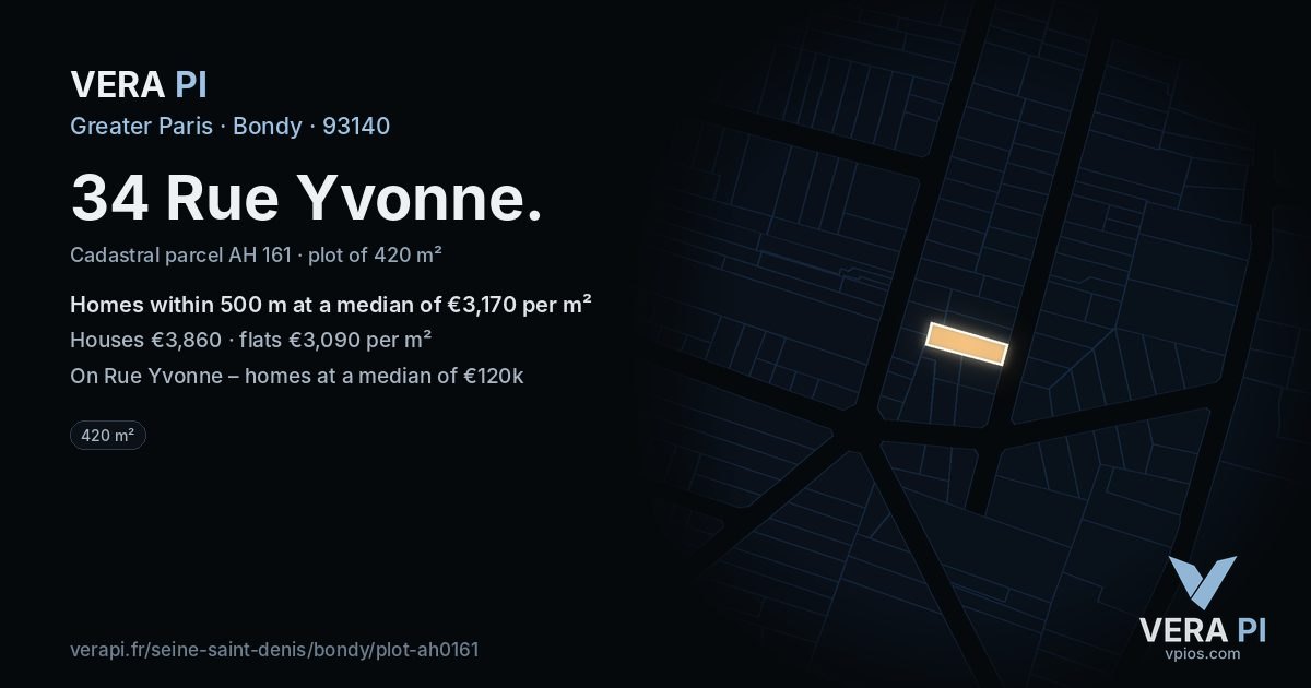 34 Rue Yvonne, Bondy at night – the plot lit, the parcels around coloured by the prices near them