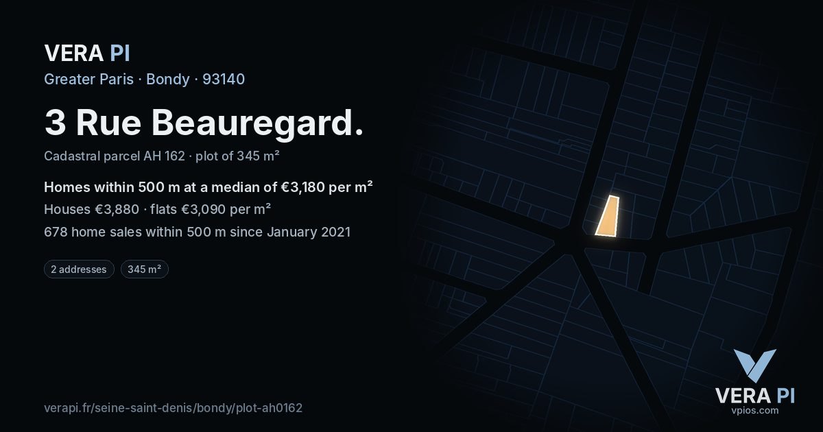 3 Rue Beauregard, Bondy at night – the plot lit, the parcels around coloured by the prices near them