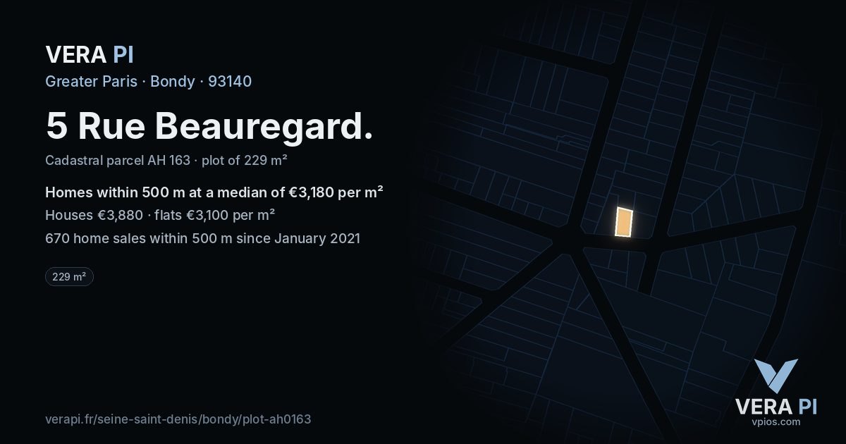 5 Rue Beauregard, Bondy at night – the plot lit, the parcels around coloured by the prices near them