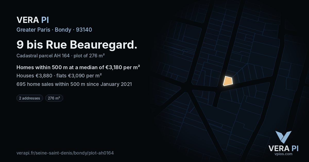 9 bis Rue Beauregard, Bondy at night – the plot lit, the parcels around coloured by the prices near them