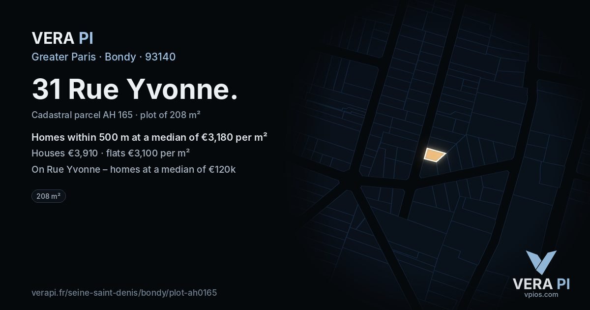 31 Rue Yvonne, Bondy at night – the plot lit, the parcels around coloured by the prices near them