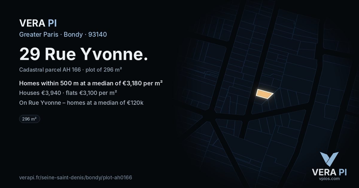 29 Rue Yvonne, Bondy at night – the plot lit, the parcels around coloured by the prices near them