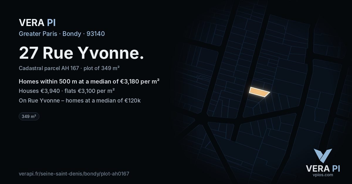 27 Rue Yvonne, Bondy at night – the plot lit, the parcels around coloured by the prices near them