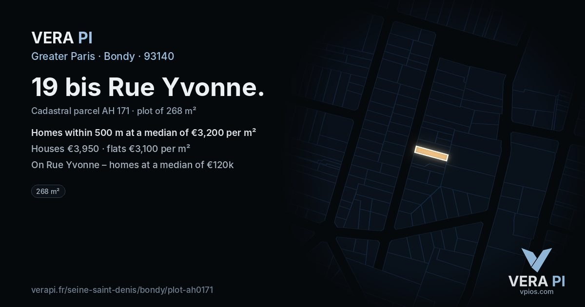 19 bis Rue Yvonne, Bondy at night – the plot lit, the parcels around coloured by the prices near them